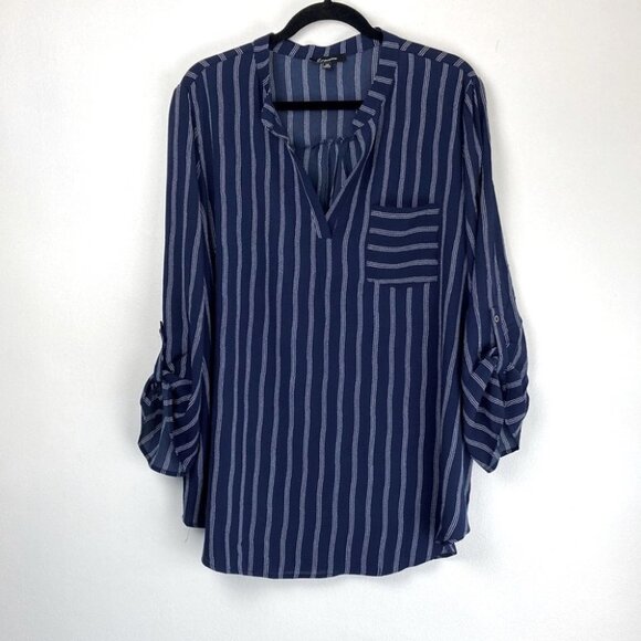 emperice Tops - Emperice Plus Size Navy V-Neck Striped Blouse Adjustable Sleeve